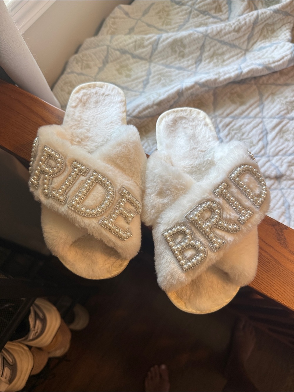 White Pearl-Embellished Furry Slide Sandals